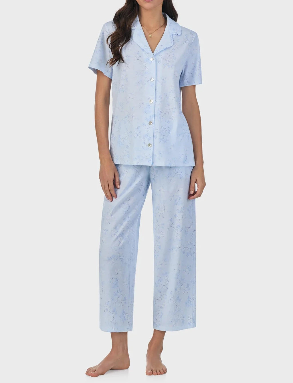 Petite Summer Magnolia Cotton Capri Pajama Set | Blue Floral