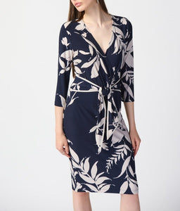 Floral Print Silky Knit Wrap Dress |Midnight Blue/Beige