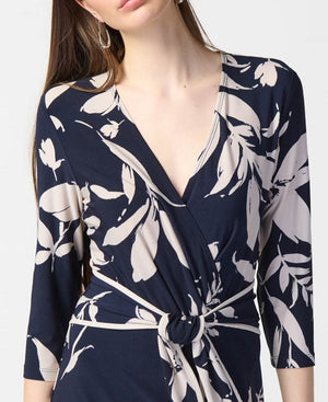 Floral Print Silky Knit Wrap Dress |Midnight Blue/Beige