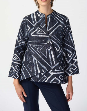 Geometric Print Woven Jacquard Swing Jacket | Midnight Blue/Vanilla