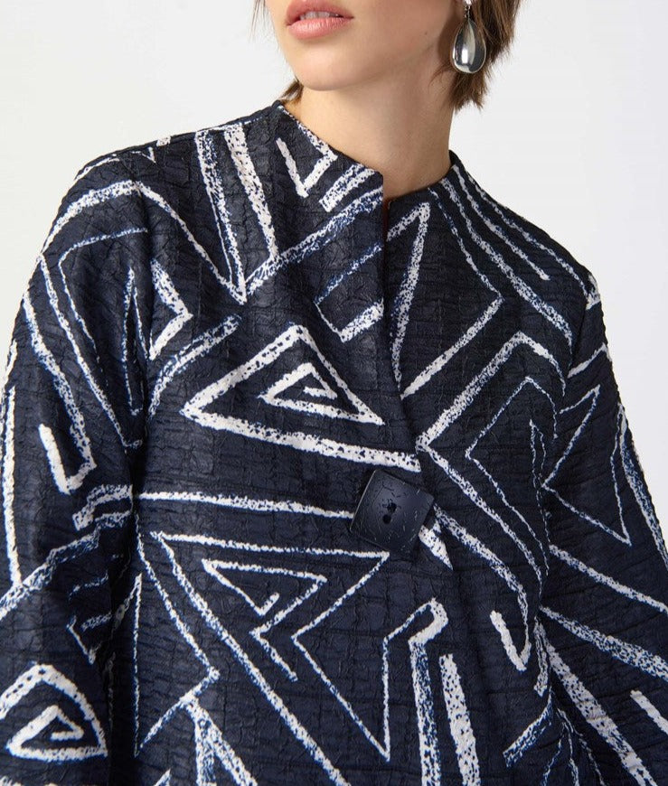 Geometric Print Woven Jacquard Swing Jacket | Midnight Blue/Vanilla