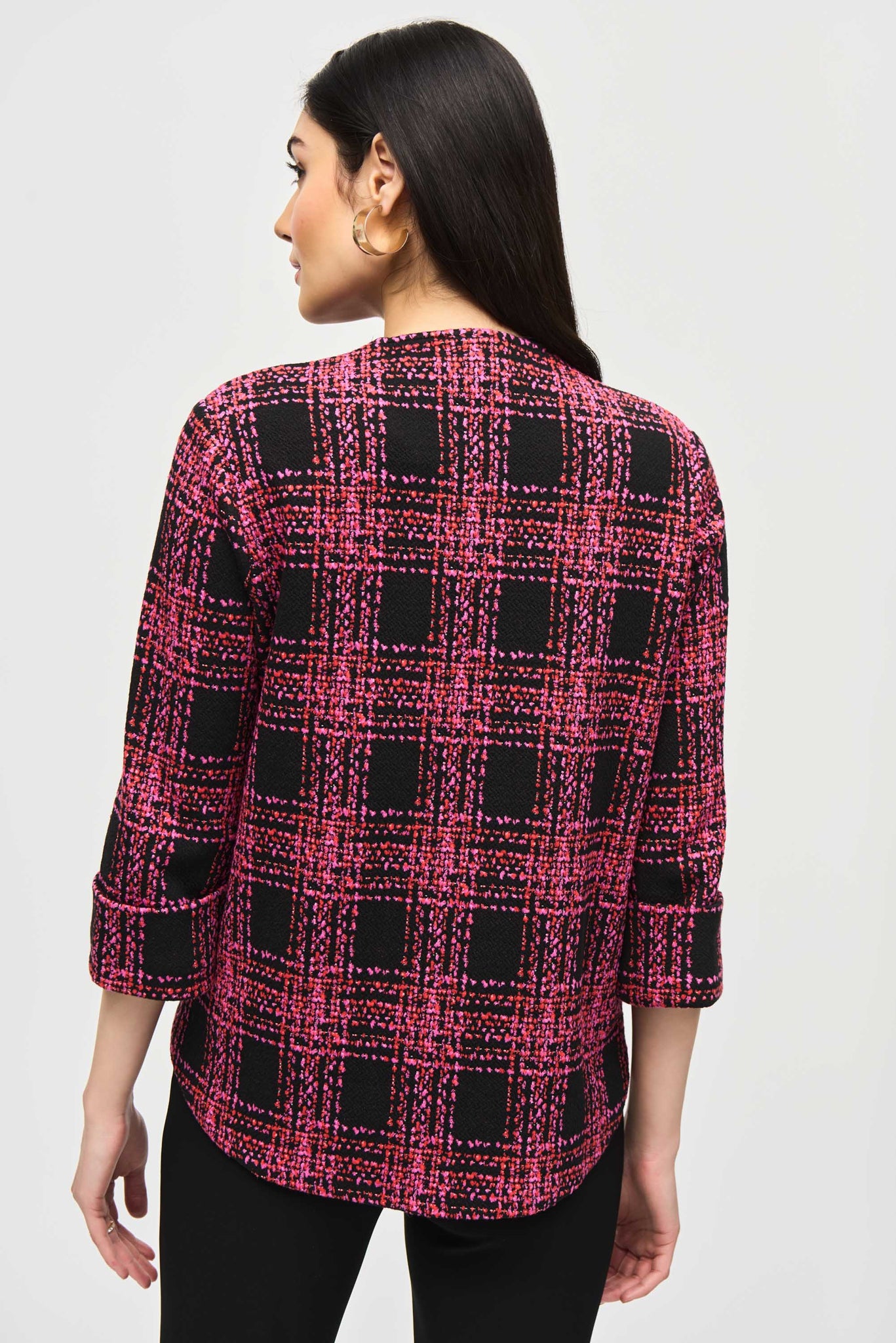 Jacquard Knit Plaid Print Swing Jacket