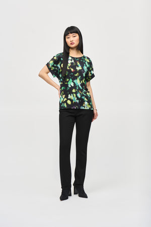 Satin Front Abstract Print Short Sleeve Top | Black Multi