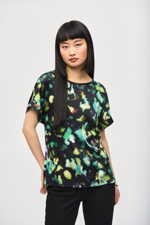 Satin Front Abstract Print Short Sleeve Top | Black Multi