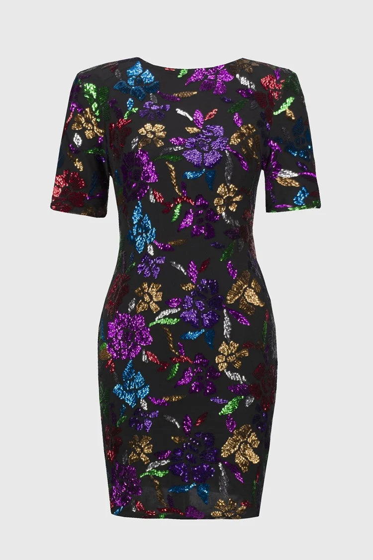 Sequined Mesh Floral Print Sheath Dress