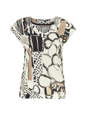 V-Neck Cap Sleeve Crinkle "Decoding" Art Top