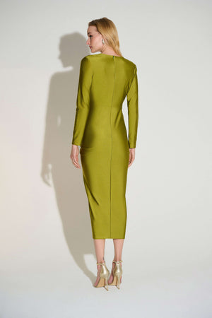 Satin Effect Knit Draped V-Neck Sheath Dress
