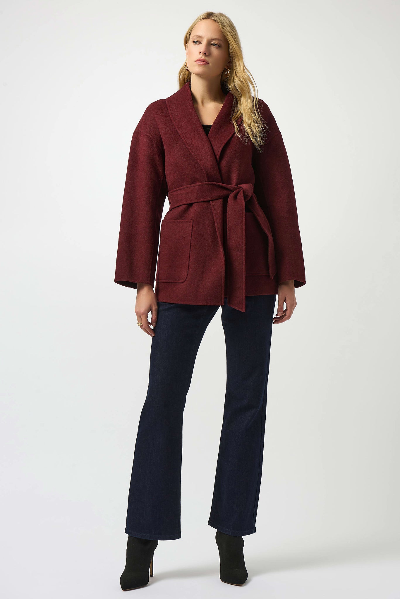 Wool Blend Belted Coat with Shawl Collar