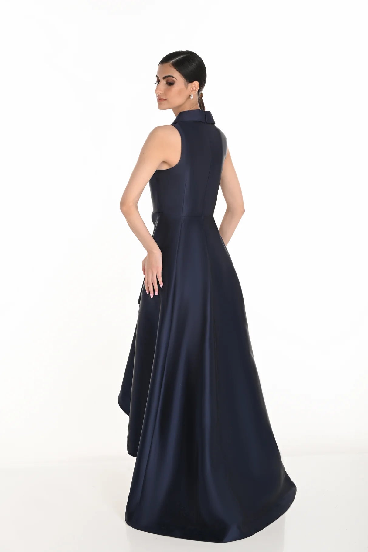 Sleeveless Faux Wrap Hi Lo Gown