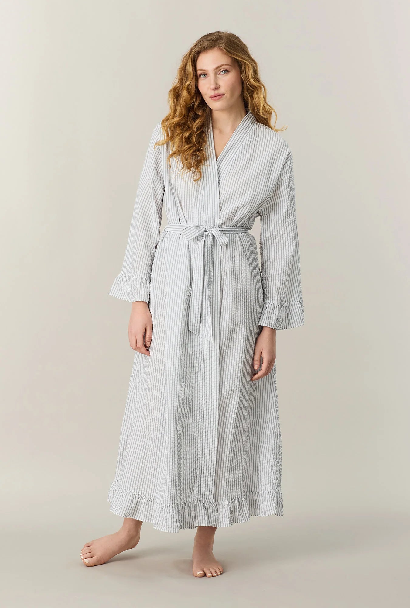 Grey Stripe Seersucker Long Robe | The Clothes Tree