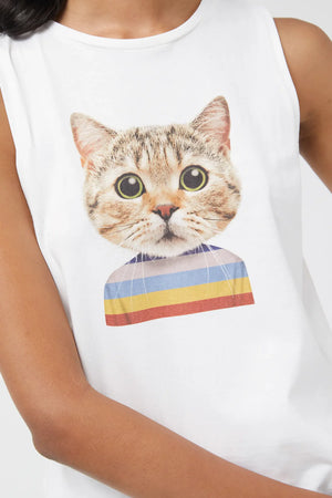 Cat Print Sleeveless Tank | White