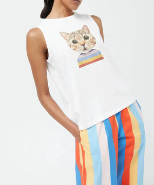 Cat Print Sleeveless Tank | White