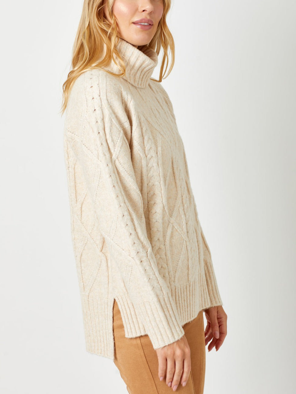 Cable Knit Turtle Neck Sweater | Almond