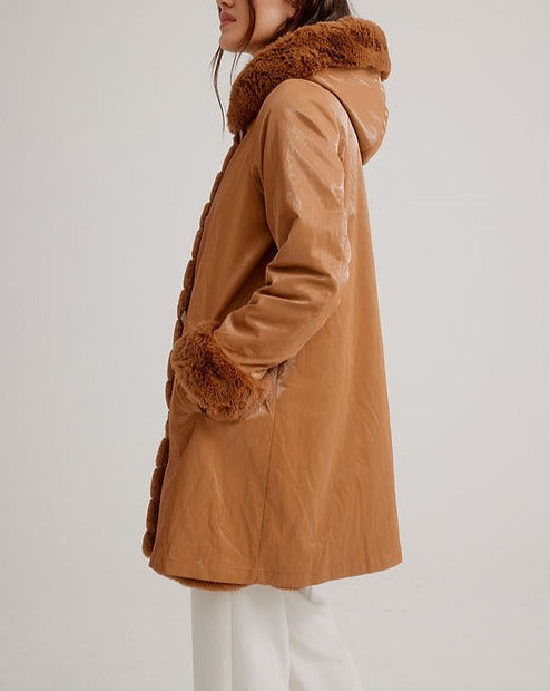 Hooded Reversible Faux Fur Coat | Caramel