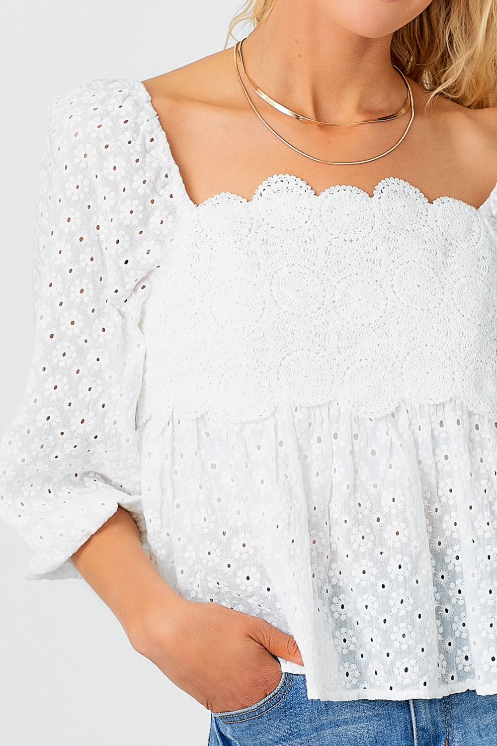 Crochet Lace Puff Sleeve Blouse | Off White