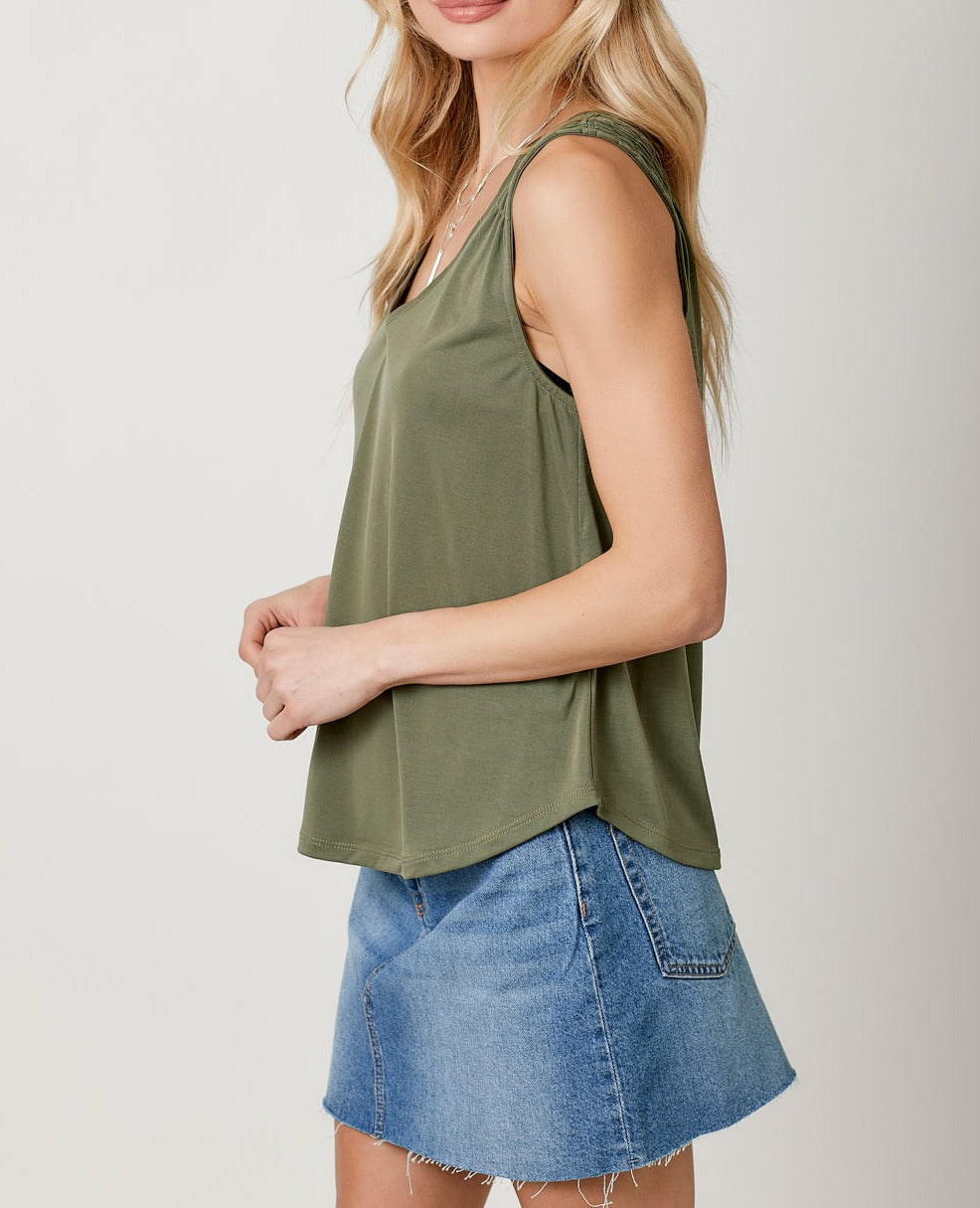 Cupro Modal Smocked Shoulder Tank | Olive