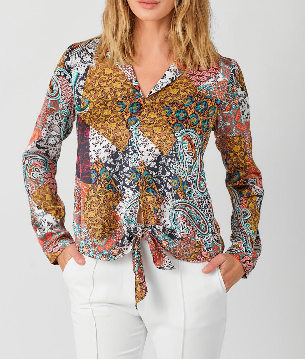 Tie Front Printed Blouse | Navy