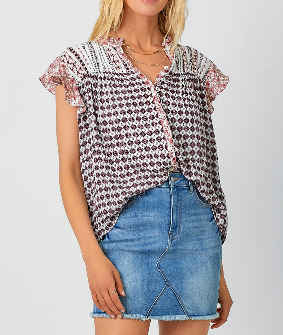 Flutter Sleeve Mix Printed Top