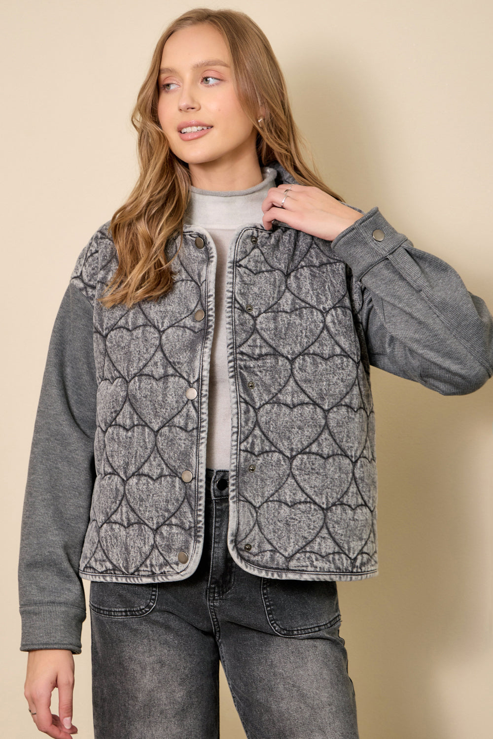 Wash Denim Heart Quilting Jacket