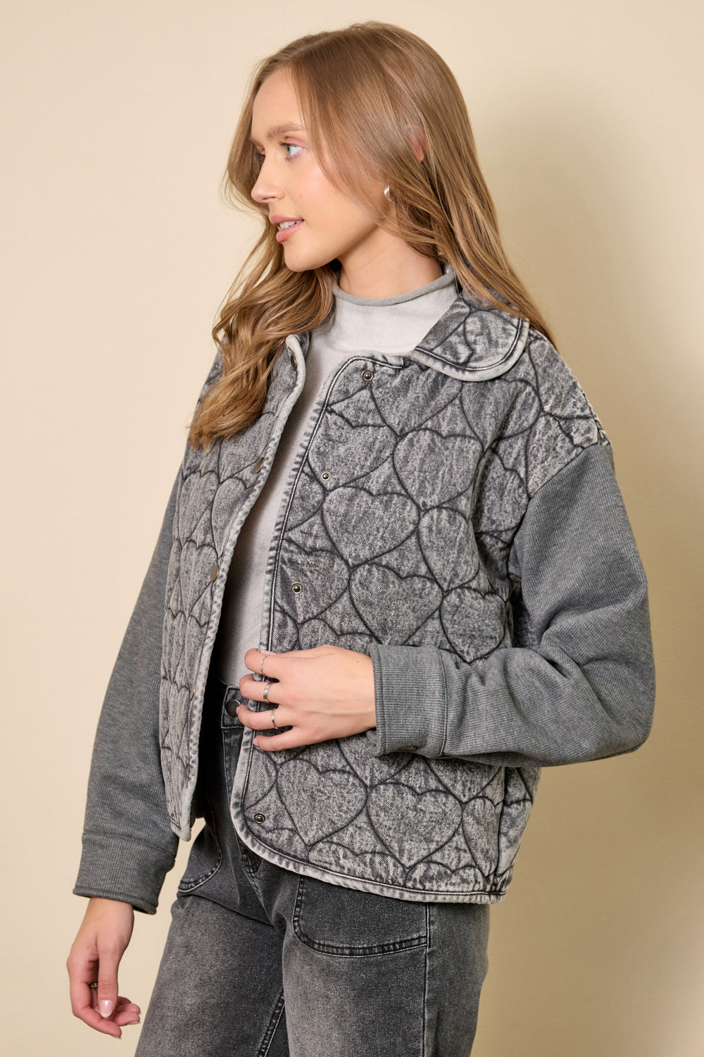 Wash Denim Heart Quilting Jacket