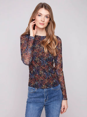 Printed Ruched Mesh Top