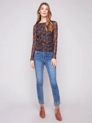 Printed Ruched Mesh Top