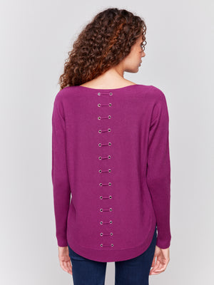 Lace Up Back Knit Crew Sweater