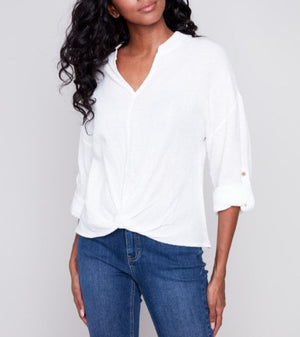 Bubble Cotton Blouse with Front Twist | White