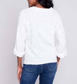 Bubble Cotton Blouse with Front Twist | White