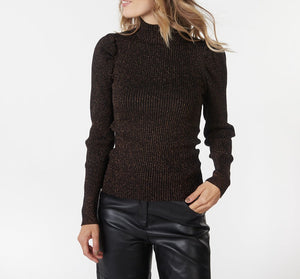 Long Sleeve Rib Lurex Mock Neck Top | Black/Bronze