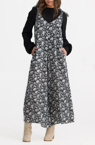 Temple Floral Print Scoop Neck Tie Shoulder Jumpsuit