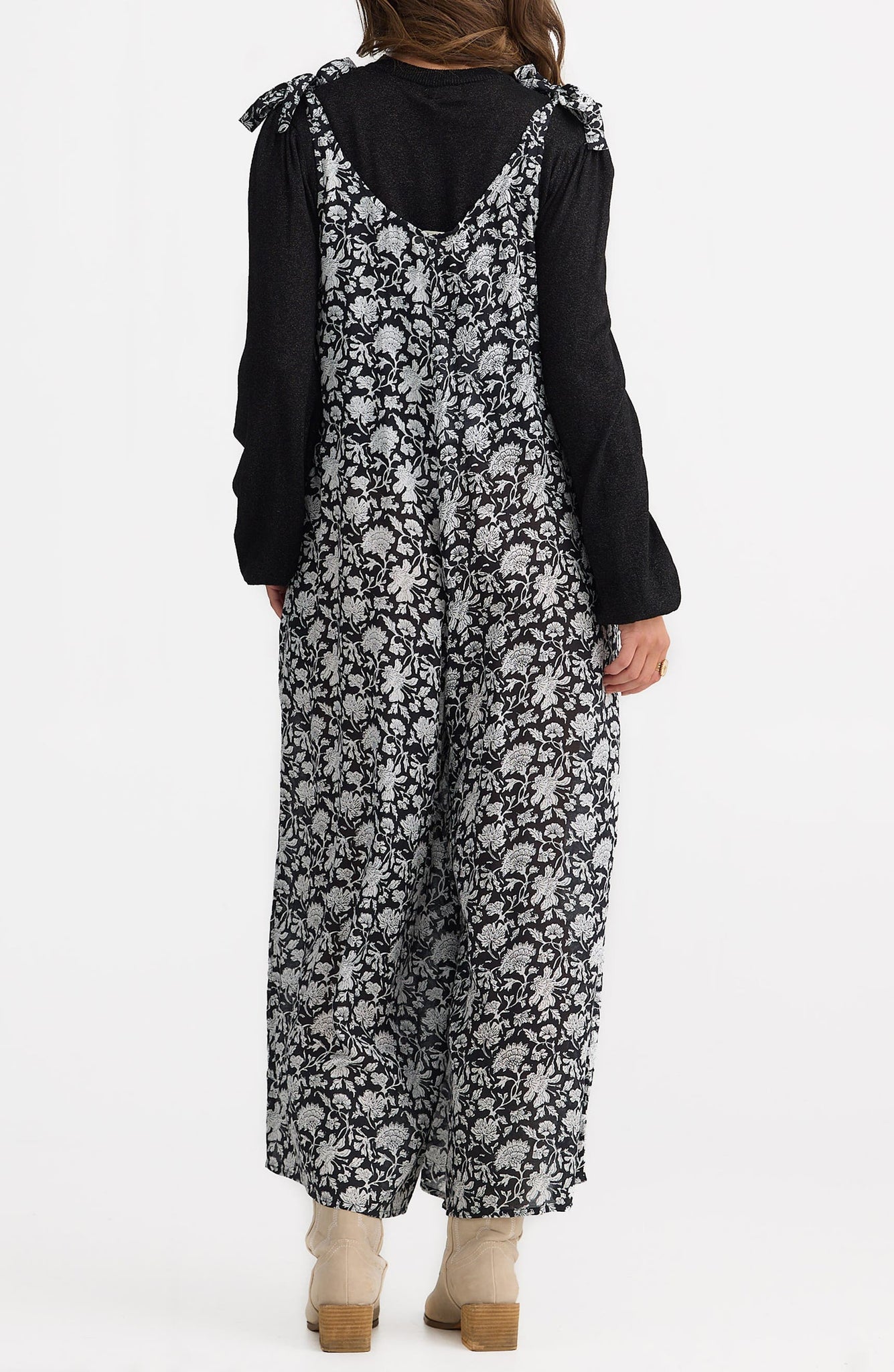 Temple Floral Print Scoop Neck Tie Shoulder Jumpsuit
