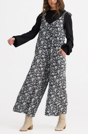 Temple Floral Print Scoop Neck Tie Shoulder Jumpsuit