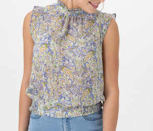 Banded Floral Ruffle Sleeve Blouse