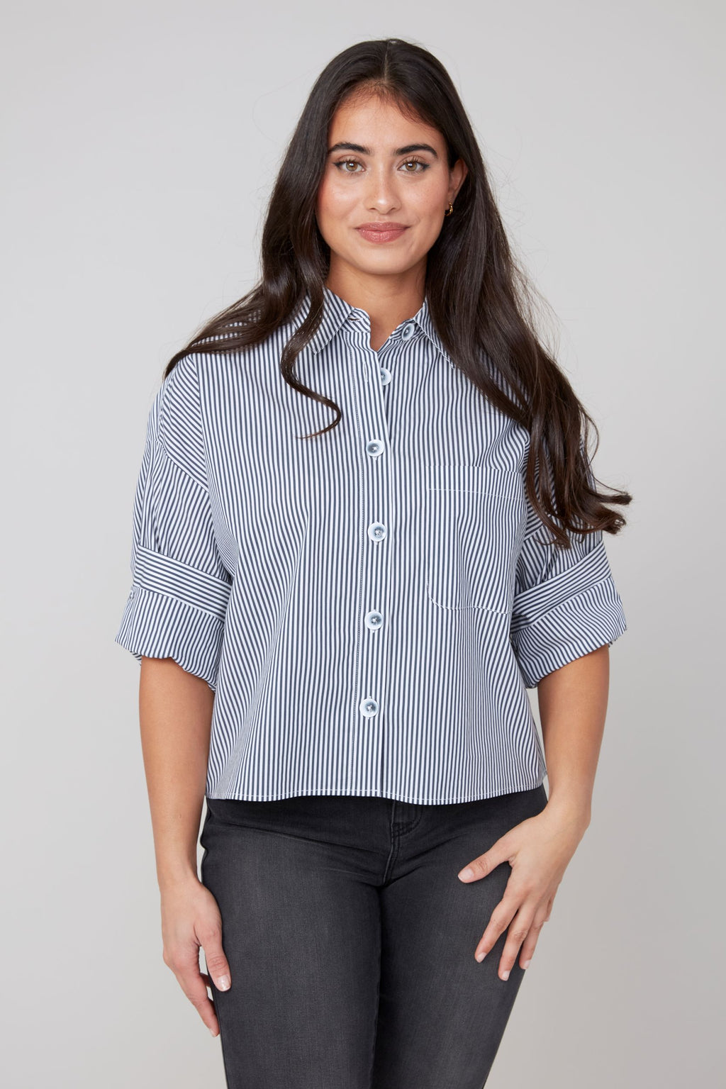 Cuffed Up Sleeve Striped Blouse