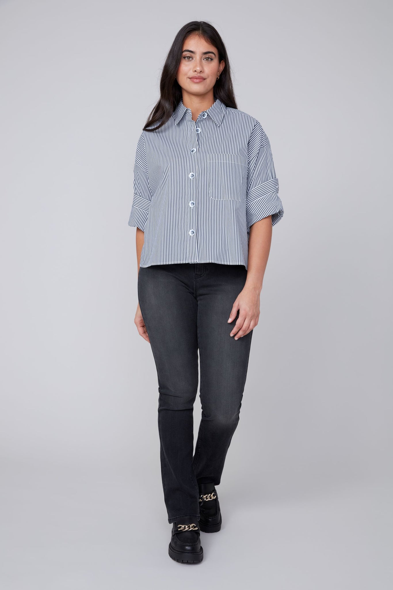 Cuffed Up Sleeve Striped Blouse