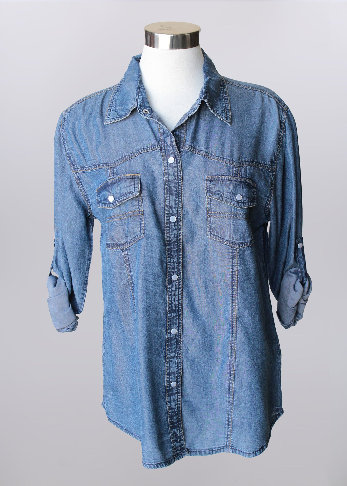 Cotton Snap Front Denim Blouse