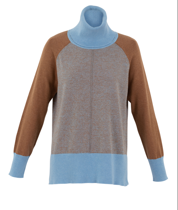 Long Sleeve Crew Neck Sweater With Detachable Cowl Option | Tobacco Baby Blue