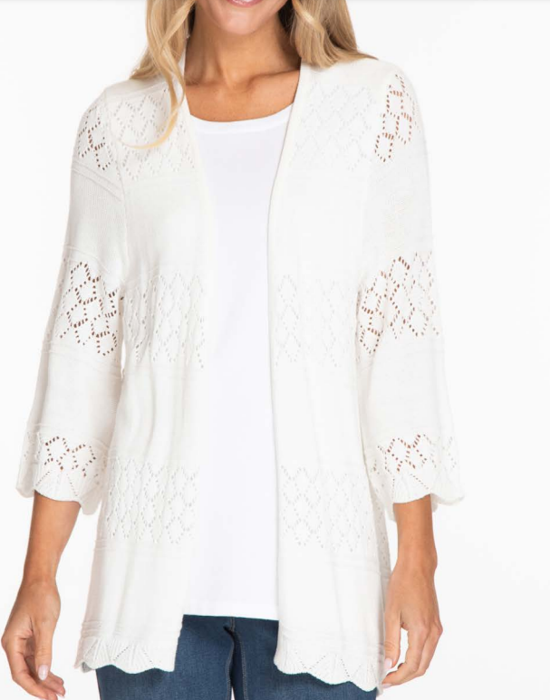 3/4 Bell Sleeve Open Front Cardigan | White