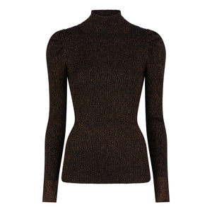 Long Sleeve Rib Lurex Mock Neck Top | Black/Bronze