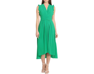 V-Neck Ruffle Crepe Midi Dress | Jade