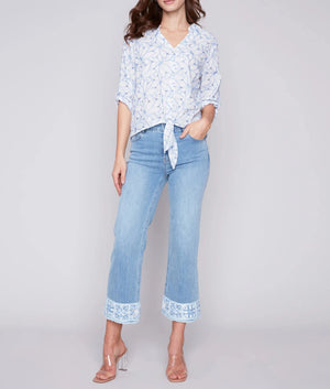Embroidered Front Tie Cotton Blouse | Sky