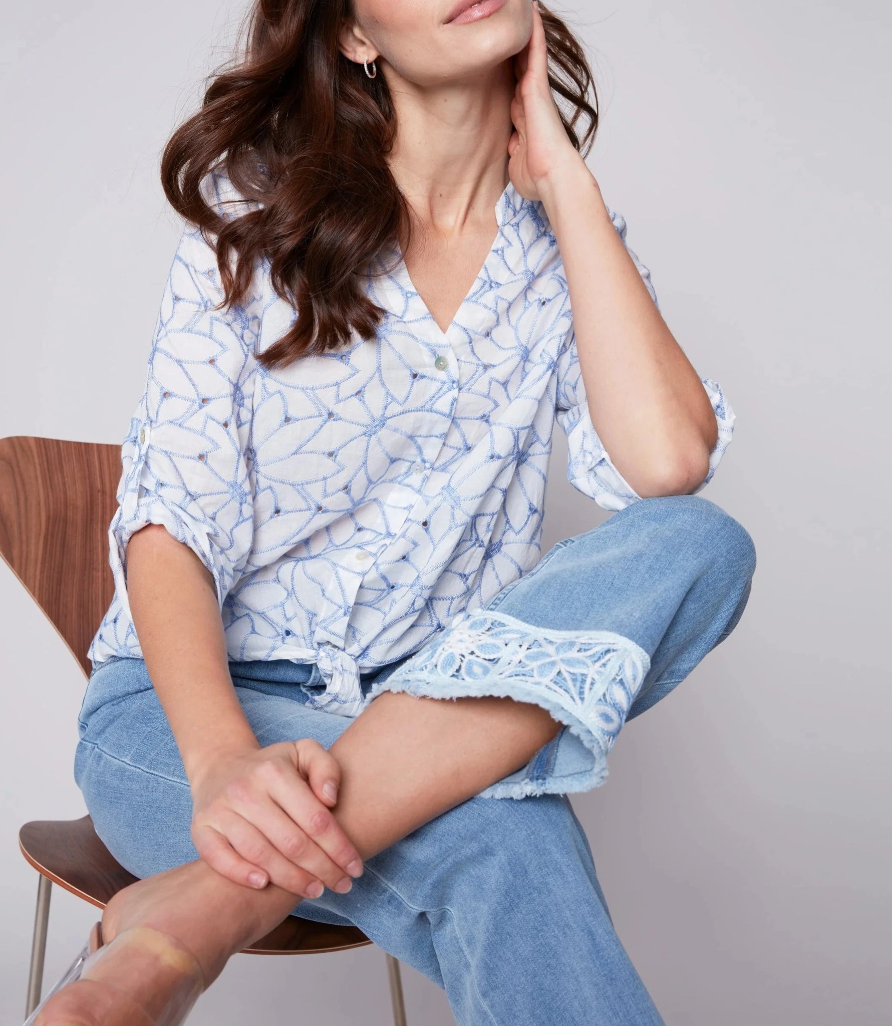 Embroidered Front Tie Cotton Blouse | Sky