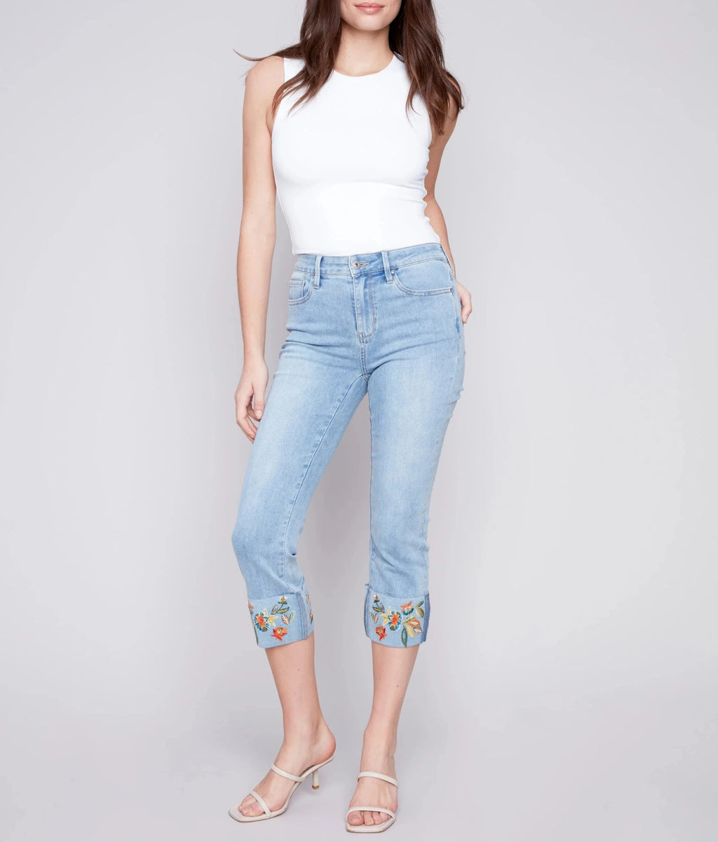 Cropped Jeans with Embroidered Cuff | Light Blue