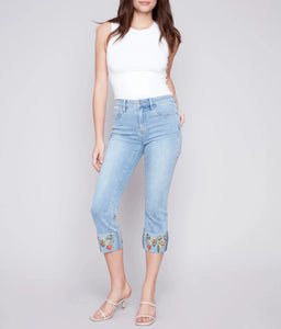 Cropped Jeans with Embroidered Cuff | Light Blue