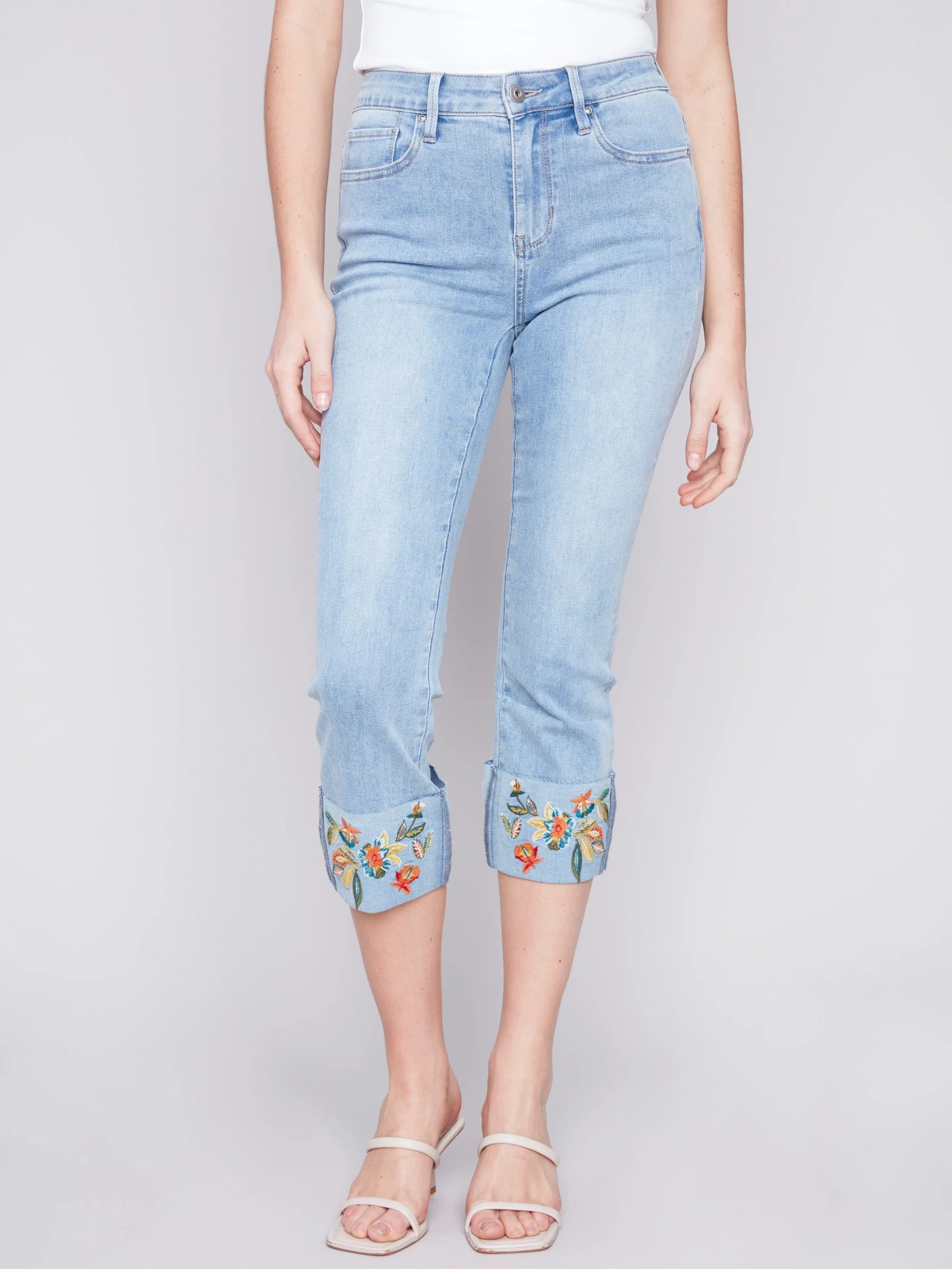 Cropped Jeans with Embroidered Cuff | Light Blue