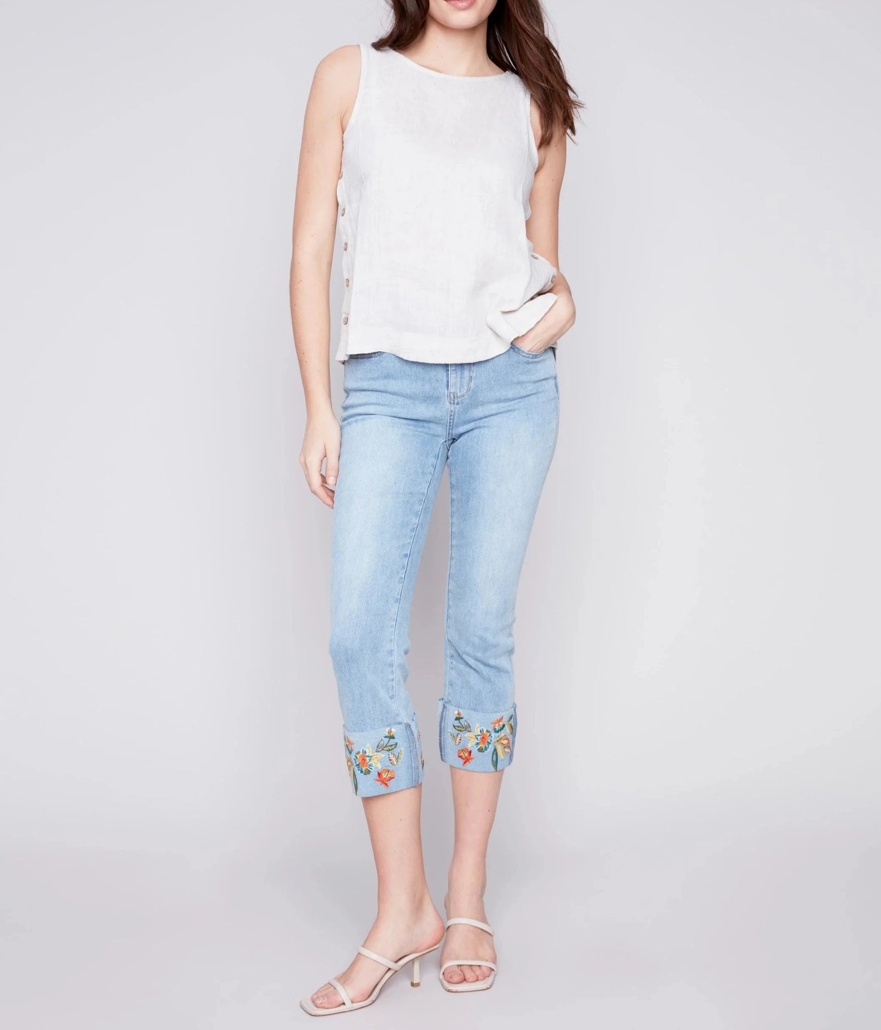 Cropped Jeans with Embroidered Cuff | Light Blue