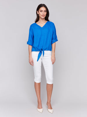 Linen Blend 3/4 Sleeve Top with Front Tie