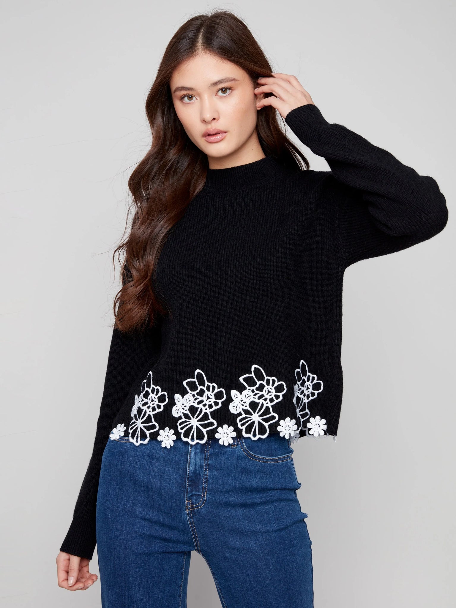 Mock Neck Sweater With Floral Lace Hem