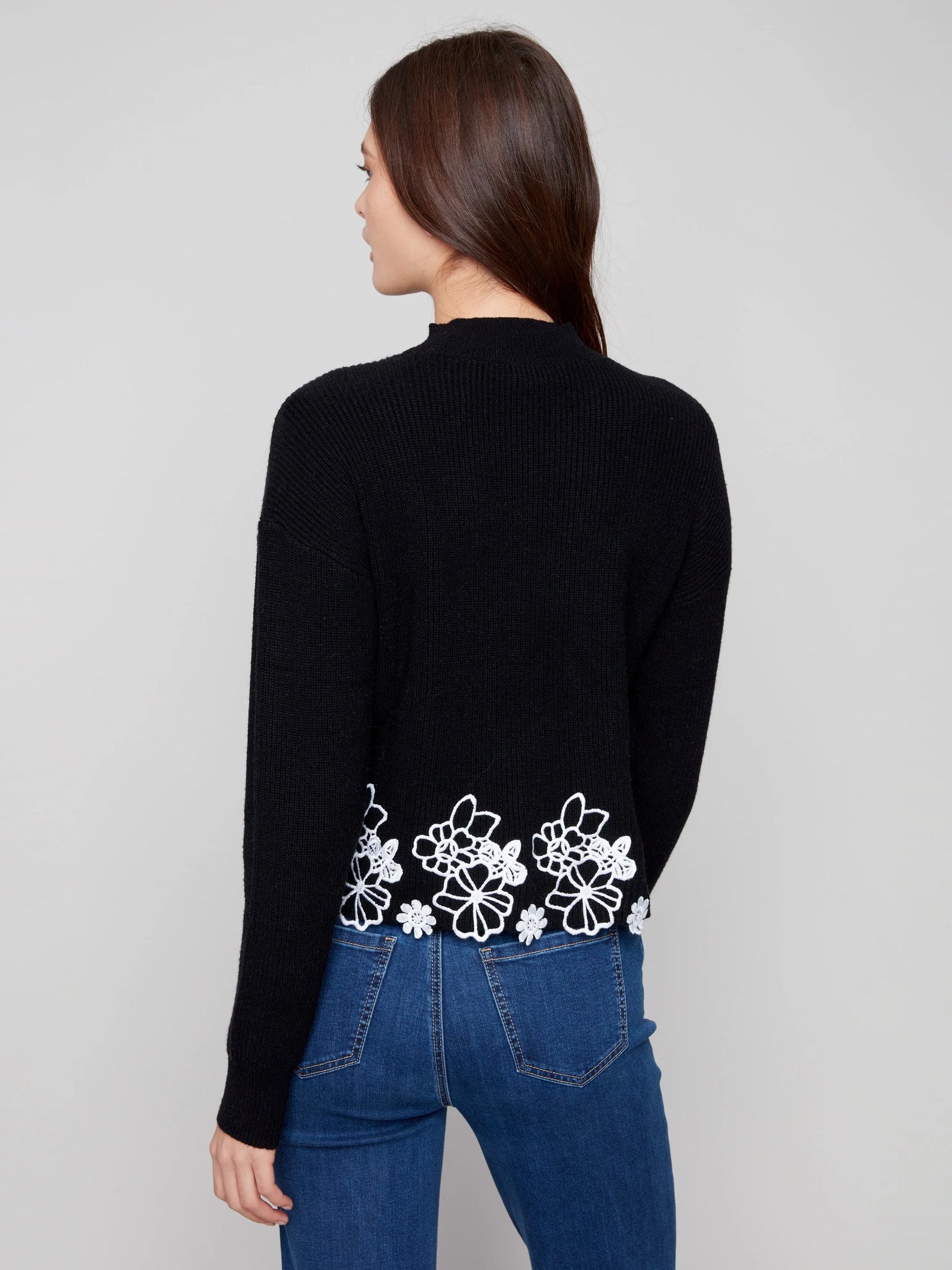 Mock Neck Sweater With Floral Lace Hem